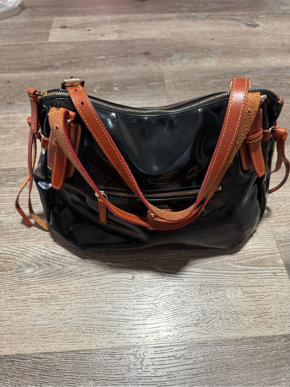 Dooney & Bourke Black Patent Shoulder Bag with Brown Trim - Picture 9 of 9